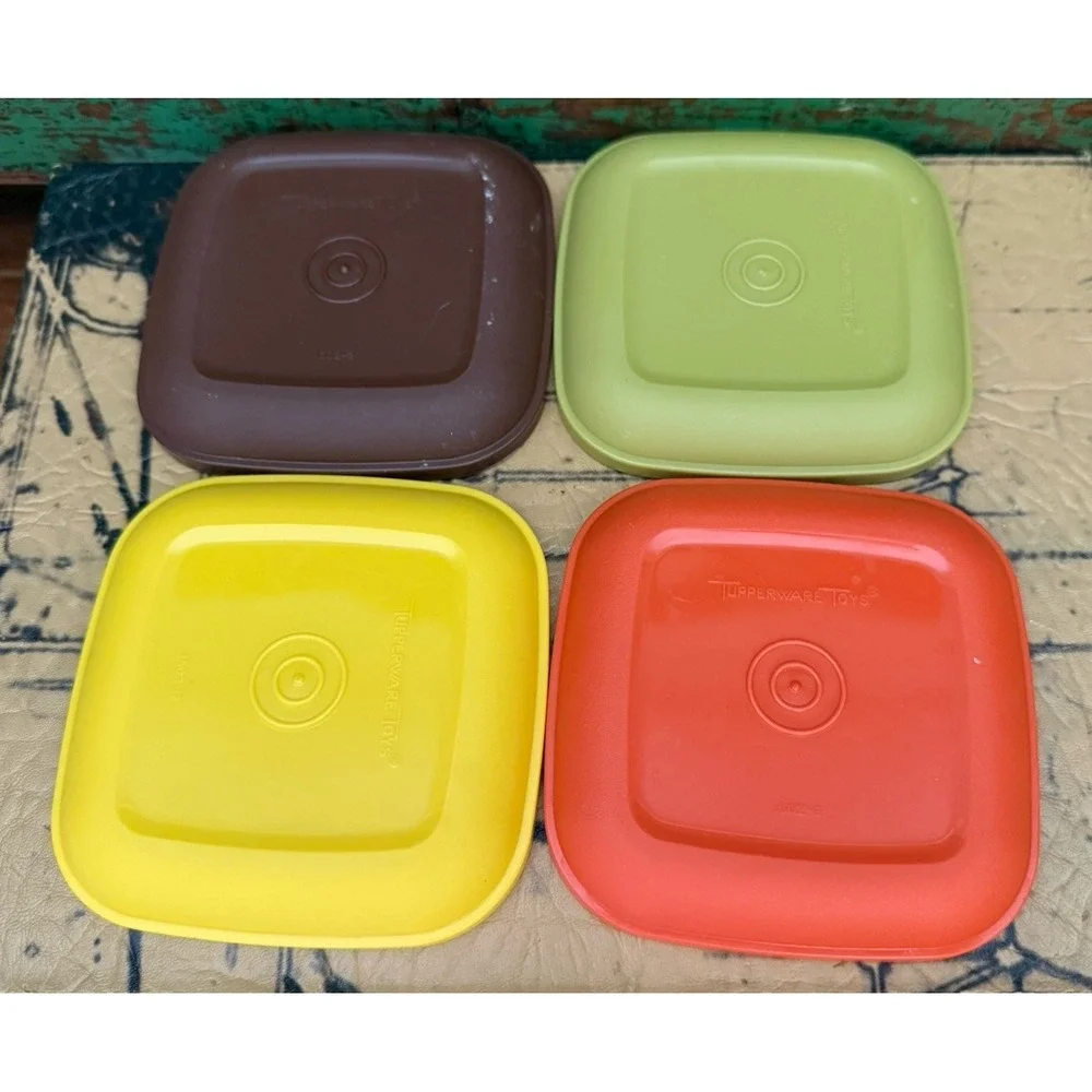 Vintage Tupperware Toys Square Plates w Cups Mini Play set Harvest Colors